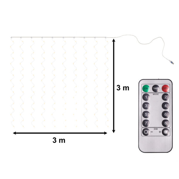 Lampki LED kurtyna girlanda druciki 3x3m 300LED ciepły biały pilot USB - obrazek 8